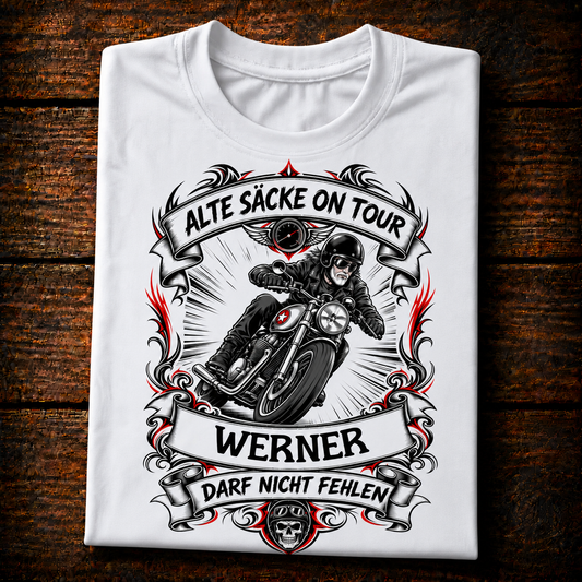 Alte Säcke on Tour – helles Motorrad Premium Shirt mit deinem Namen
