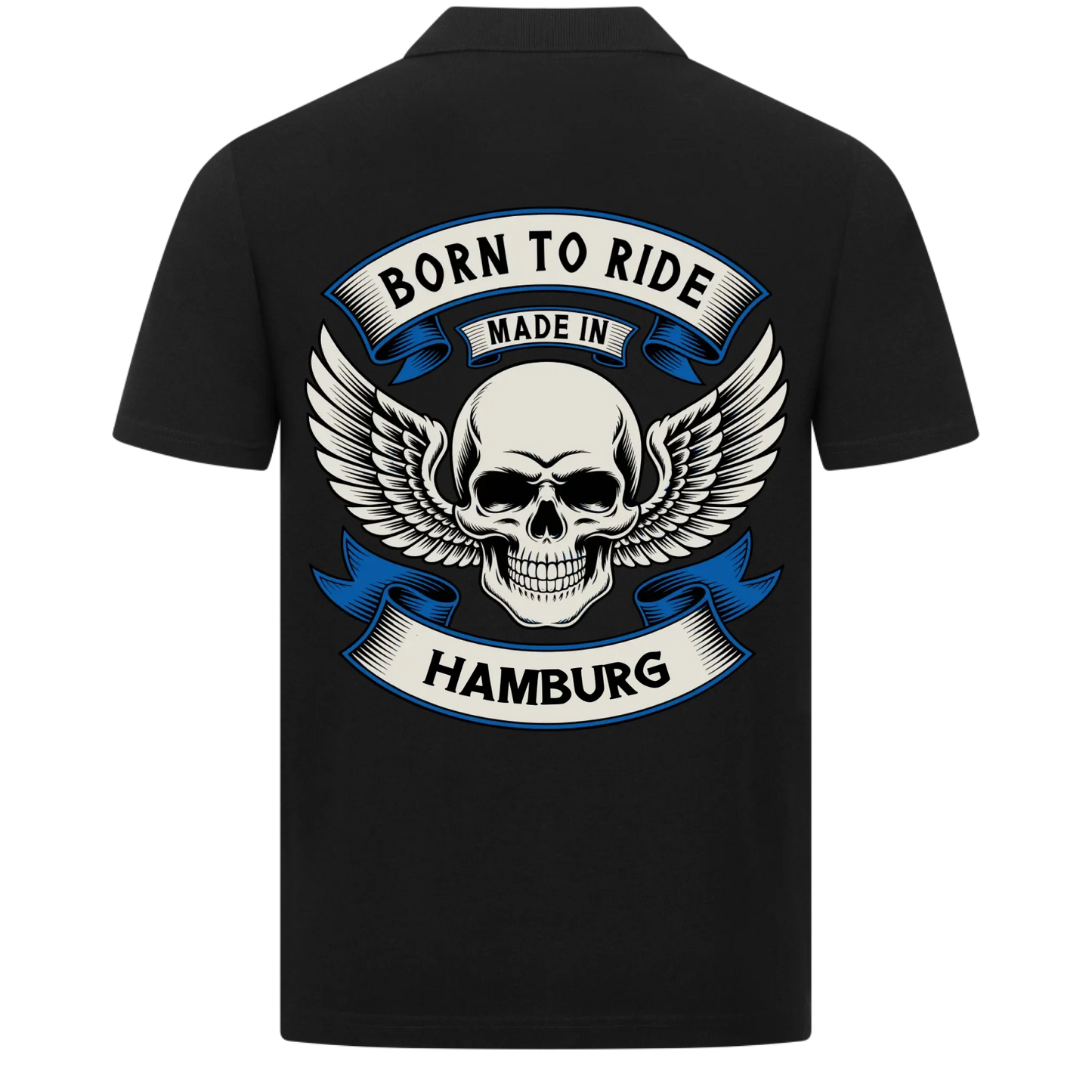Born to Ride made in [Ort] – Personalisiertes Biker Poloshirt Brustlogo
