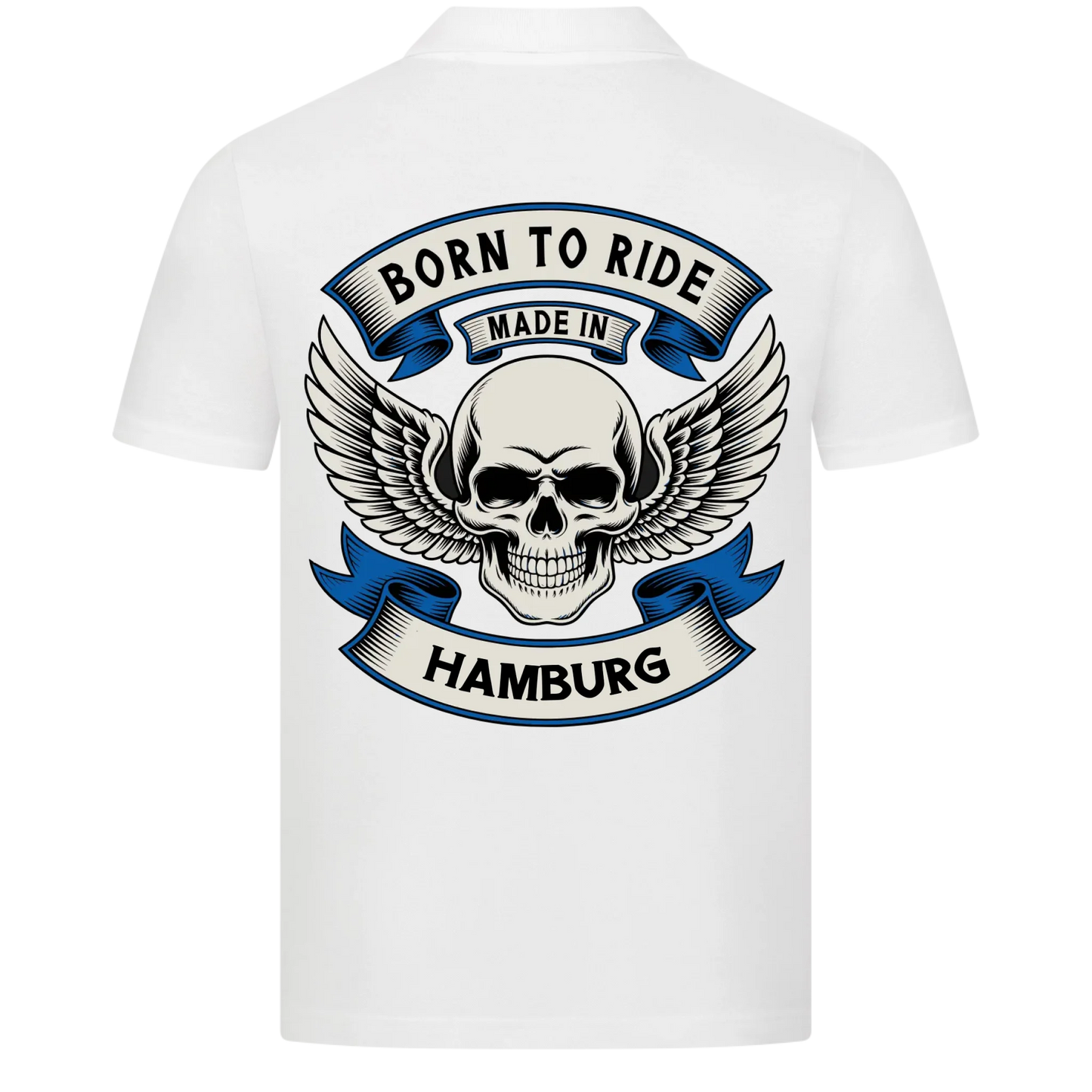 Born to Ride made in [Ort] – Personalisiertes Biker Poloshirt Brustlogo