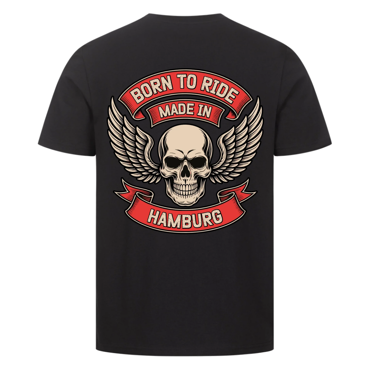 [Born to Ride] [made in] [Ort] – Personalisiertes Multicolor Biker Rücken Design Premium T-Shirt 28