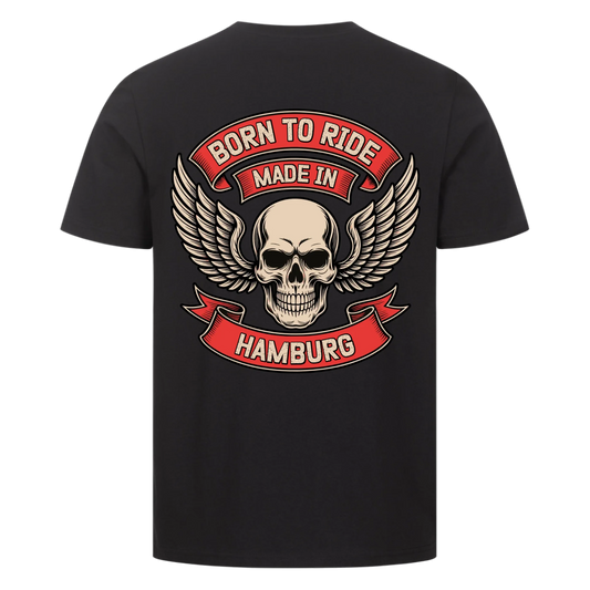 [Born to Ride] [made in] [Ort] – Personalisiertes Multicolor Biker Rücken Design Premium T-Shirt 28