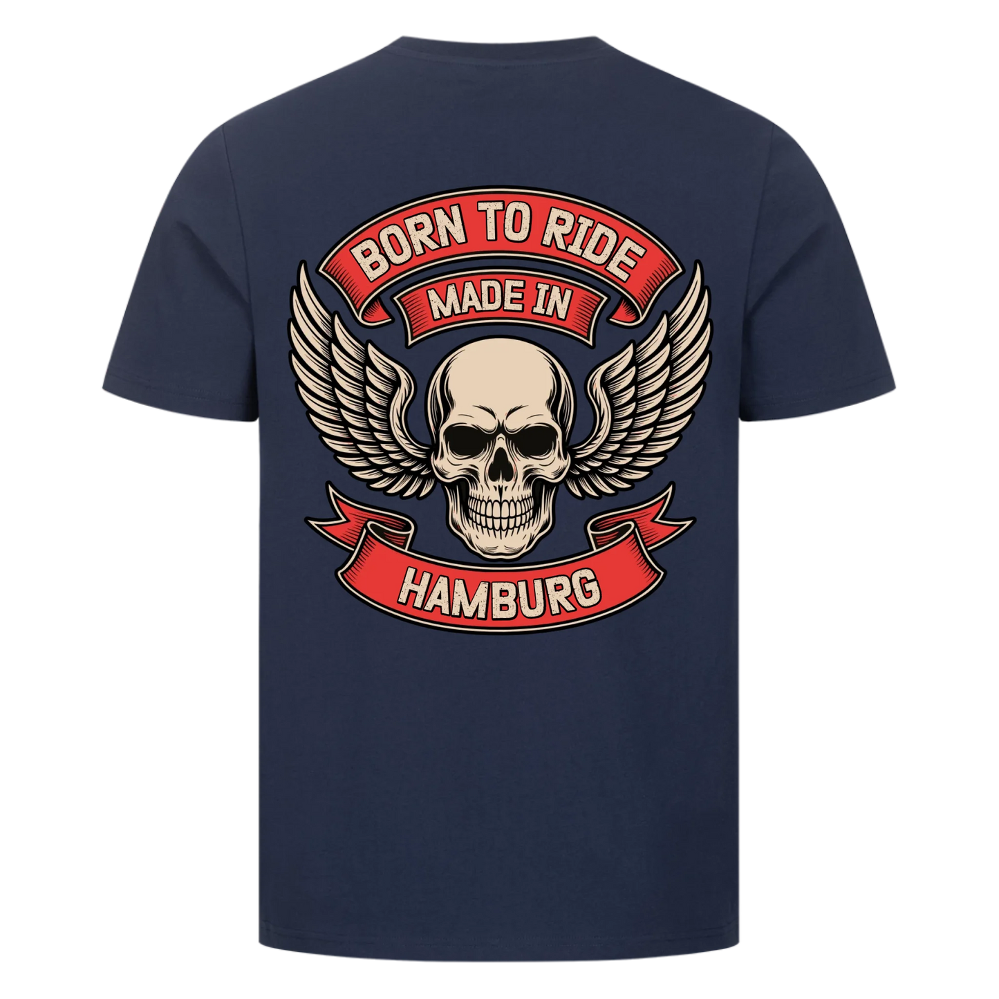 [Born to Ride] [made in] [Ort] – Personalisiertes Multicolor Biker Rücken Design Premium T-Shirt 28