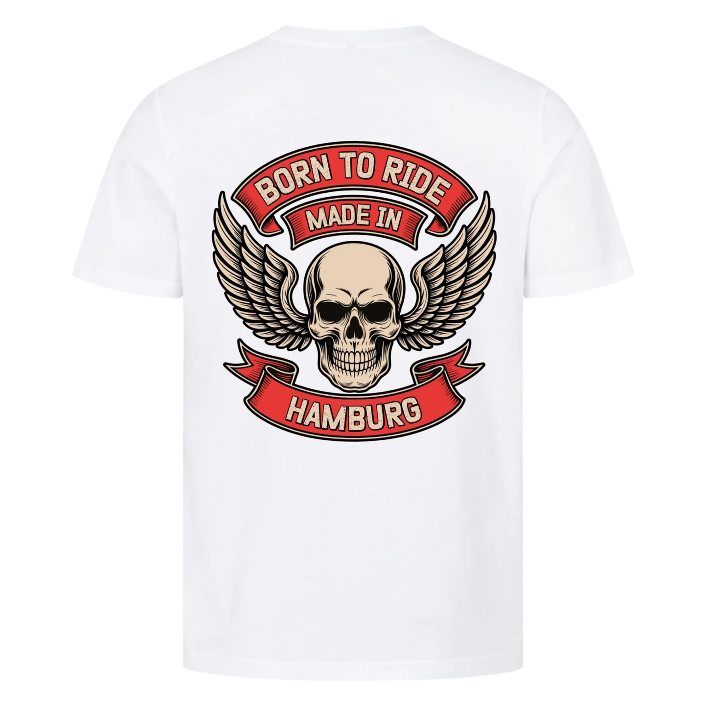 [Born to Ride] [made in] [Ort] – Personalisiertes Multicolor Biker Rücken Design Premium T-Shirt 28