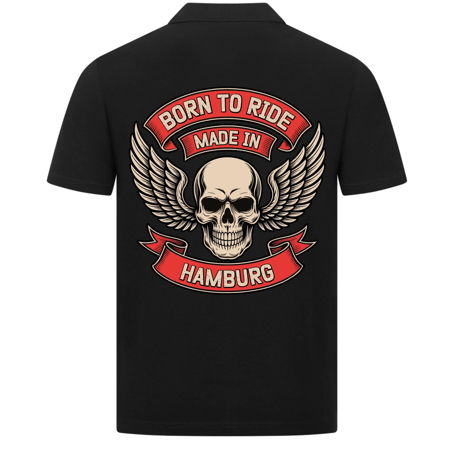 [Born to Ride] [made in] [Ort] – Personalisiertes Multicolor Biker Rücken Design Polo Shirt 28