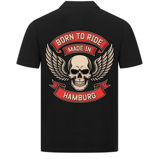 [Born to Ride] [made in] [Ort] – Personalisiertes Multicolor Biker Rücken Design Polo Shirt 28