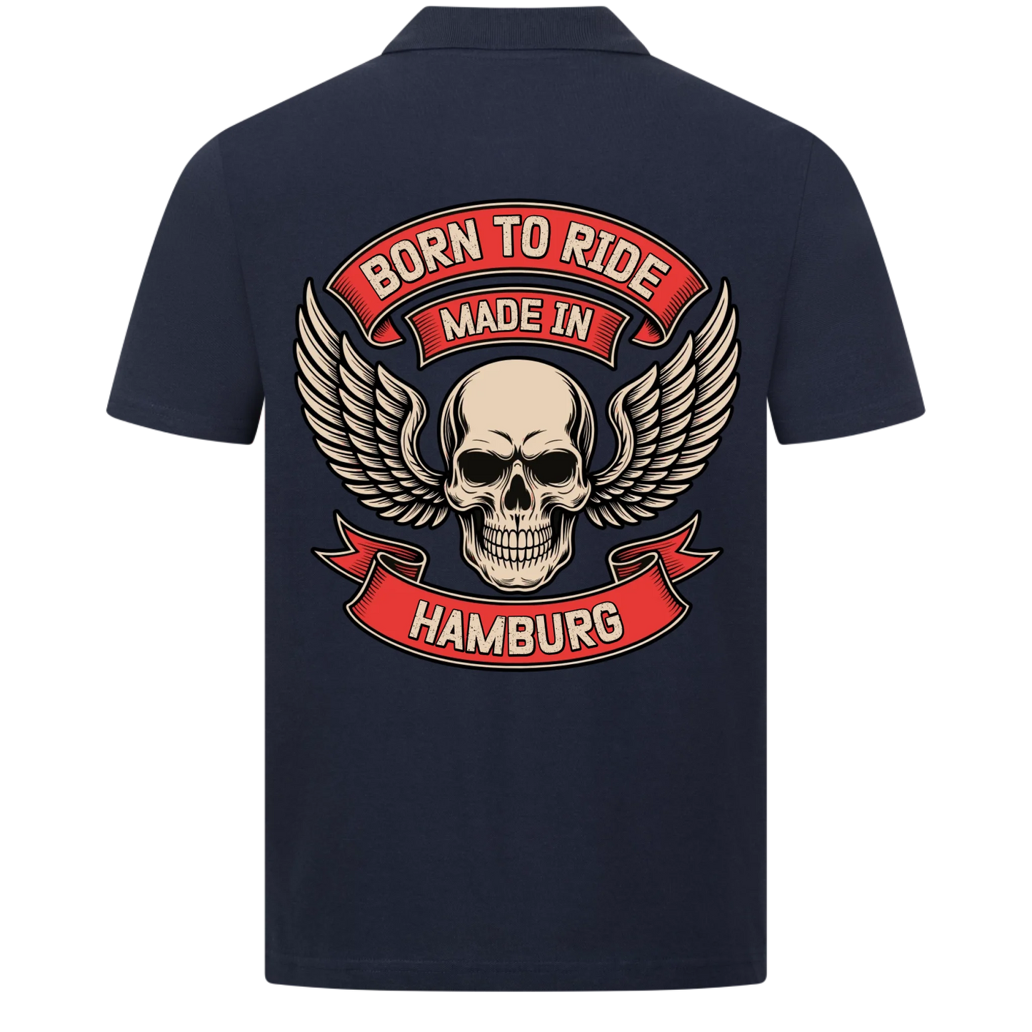 [Born to Ride] [made in] [Ort] – Personalisiertes Multicolor Biker Rücken Design Polo Shirt 28