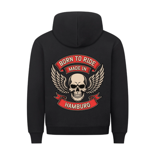 [Born to Ride] [made in] [Ort] – Personalisiertes Multicolor Biker Rücken Design Premium Hoodie
