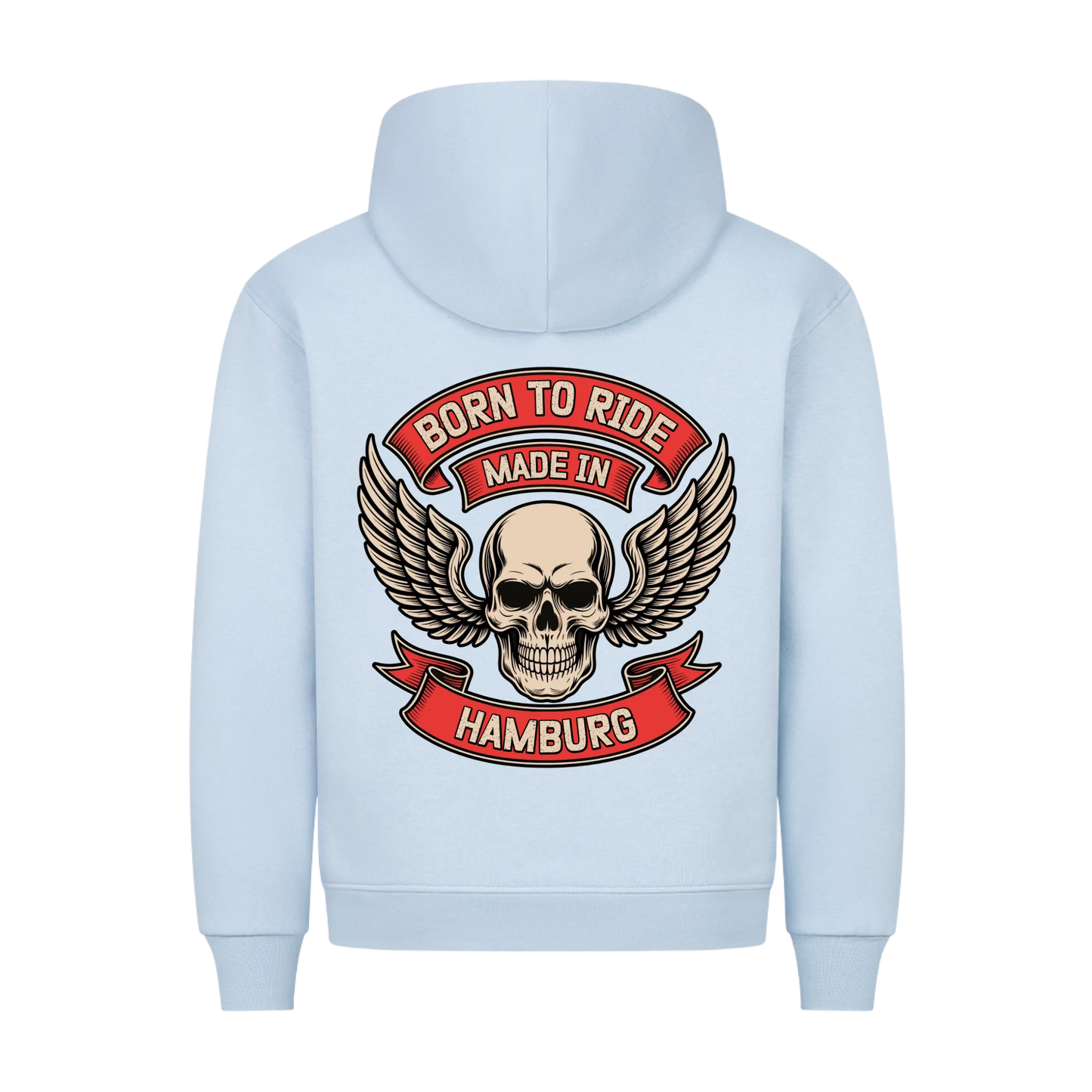 [Born to Ride] [made in] [Ort] – Personalisiertes Multicolor Biker Rücken Design Premium Hoodie