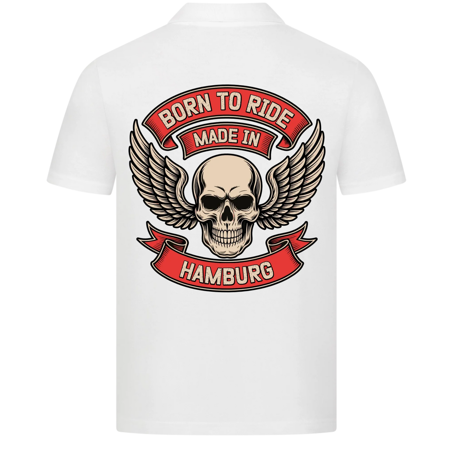 [Born to Ride] [made in] [Ort] – Personalisiertes Multicolor Biker Rücken Design Polo Shirt 28