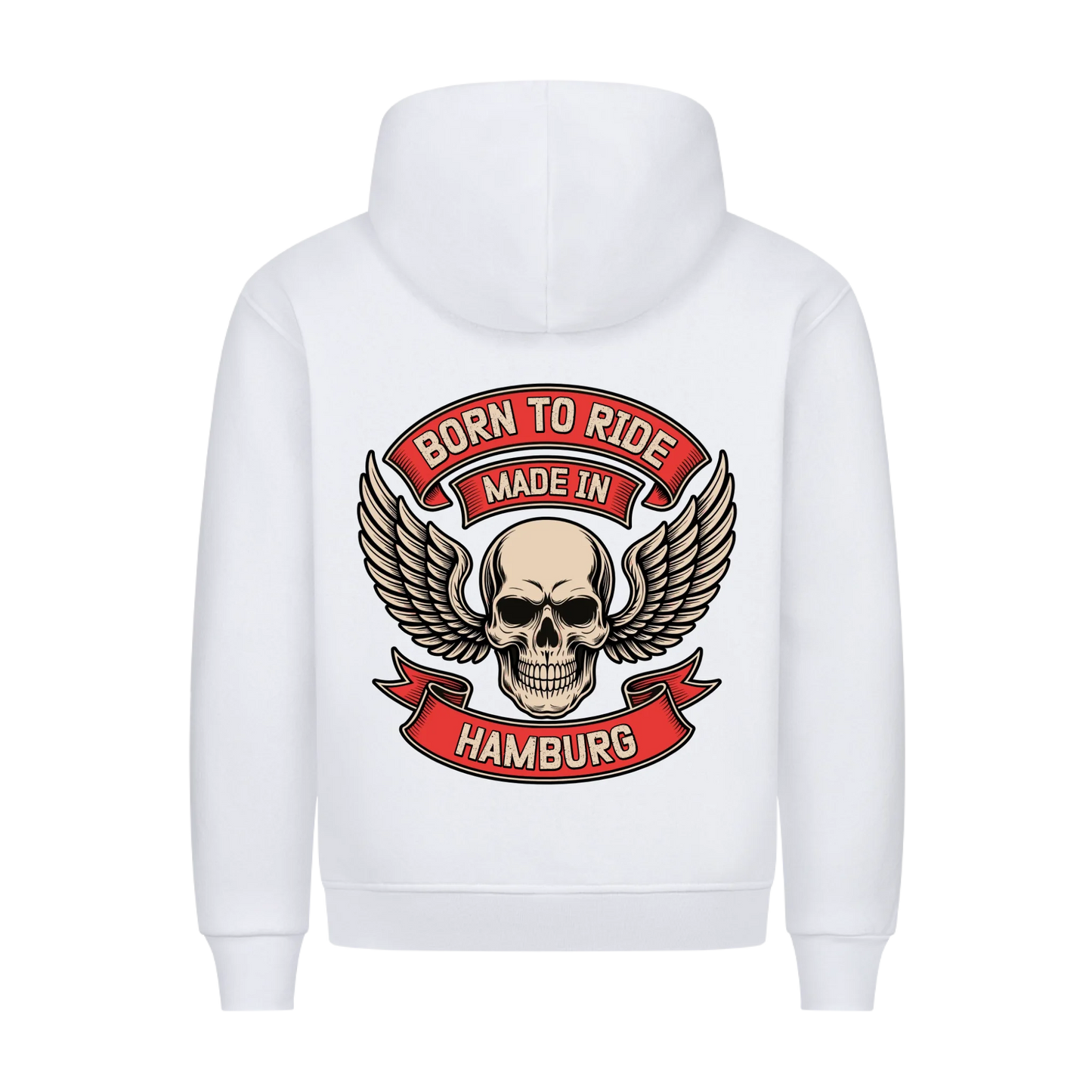[Born to Ride] [made in] [Ort] – Personalisiertes Multicolor Biker Rücken Design Premium Hoodie