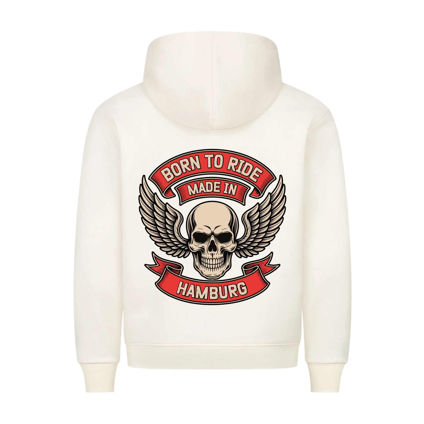 [Born to Ride] [made in] [Ort] – Personalisiertes Multicolor Biker Rücken Design Premium Hoodie