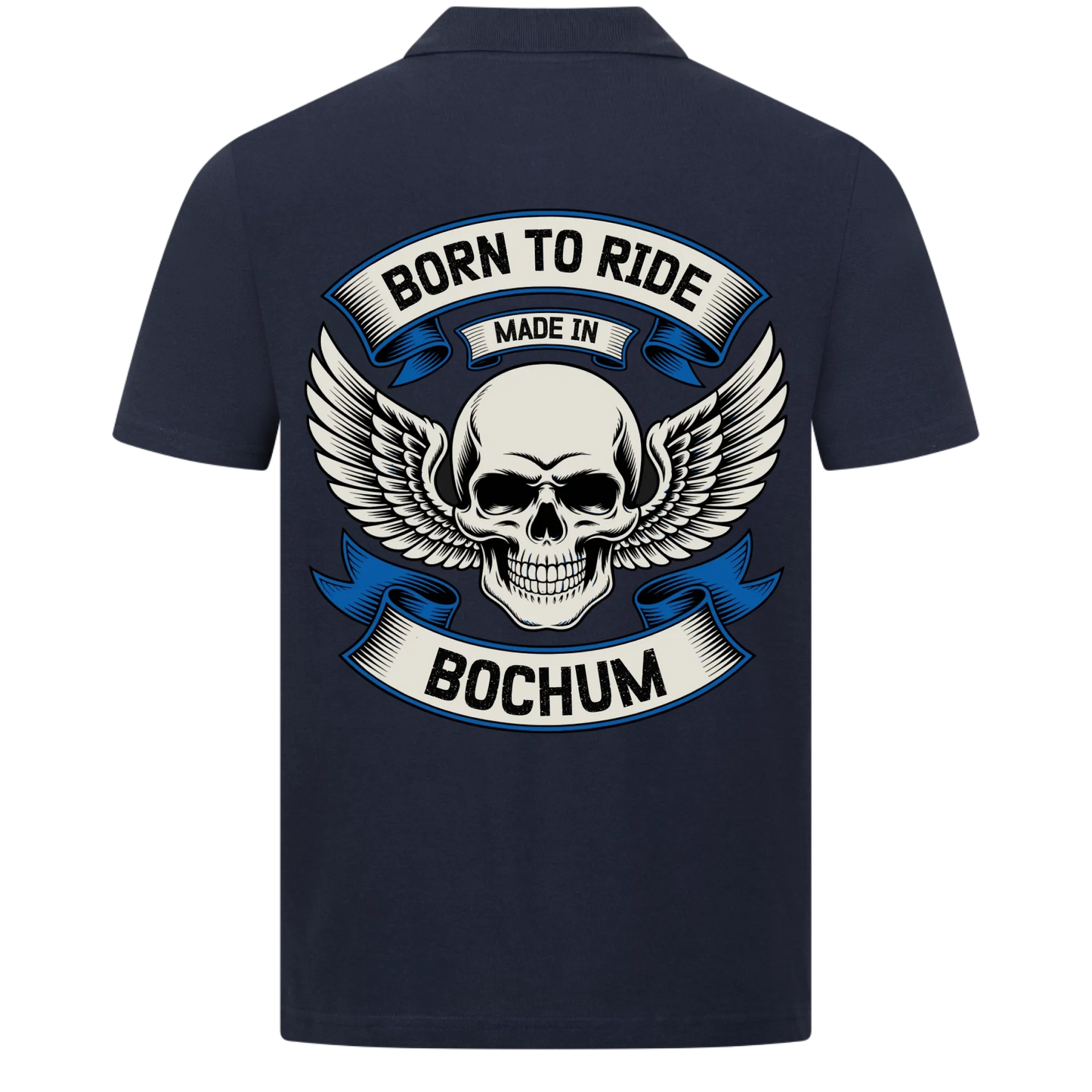 [Born to Ride] [made in] [Ort] – Personalisiertes Multicolor Biker Rücken Design Polo Shirt 29