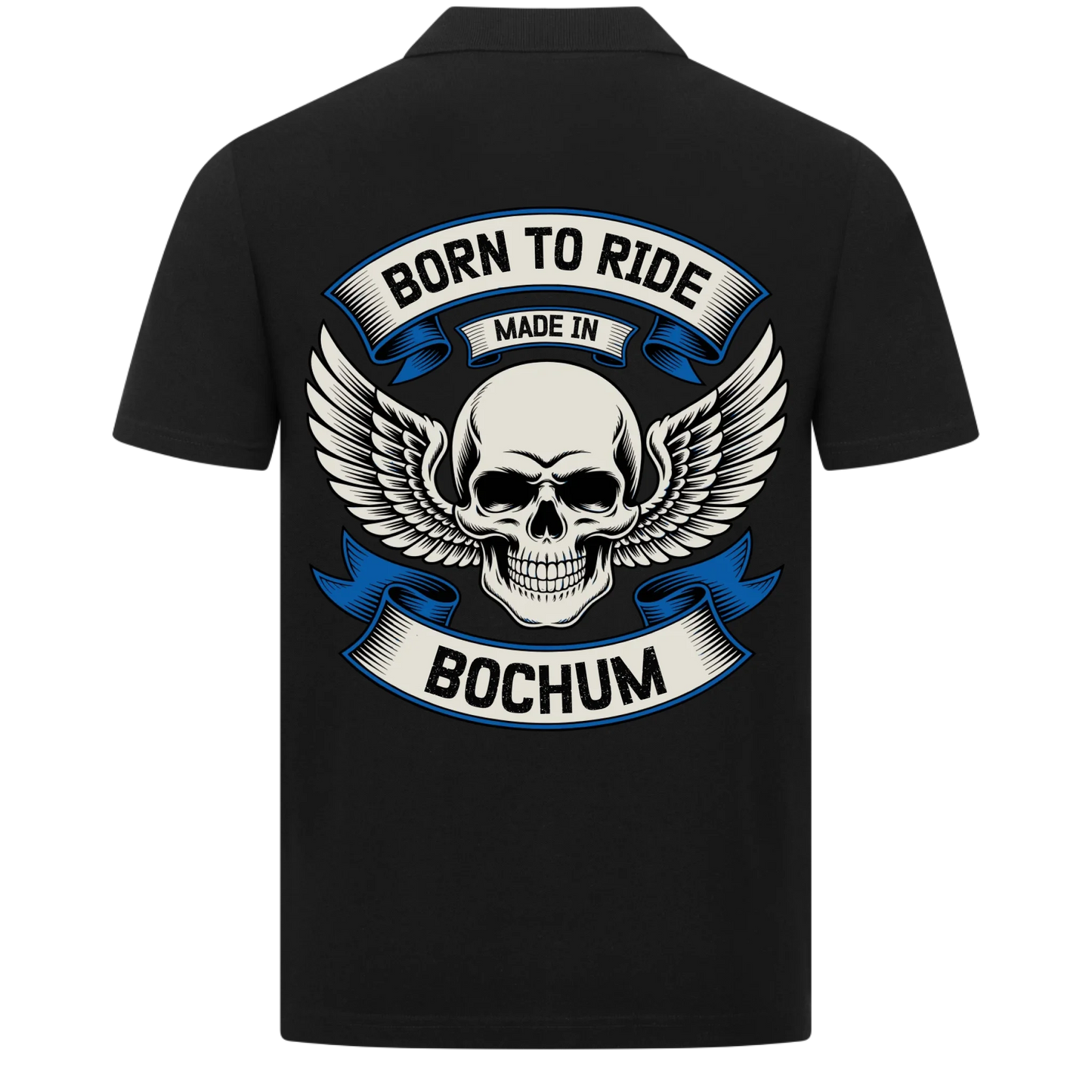 [Born to Ride] [made in] [Ort] – Personalisiertes Multicolor Biker Rücken Design Polo Shirt 29