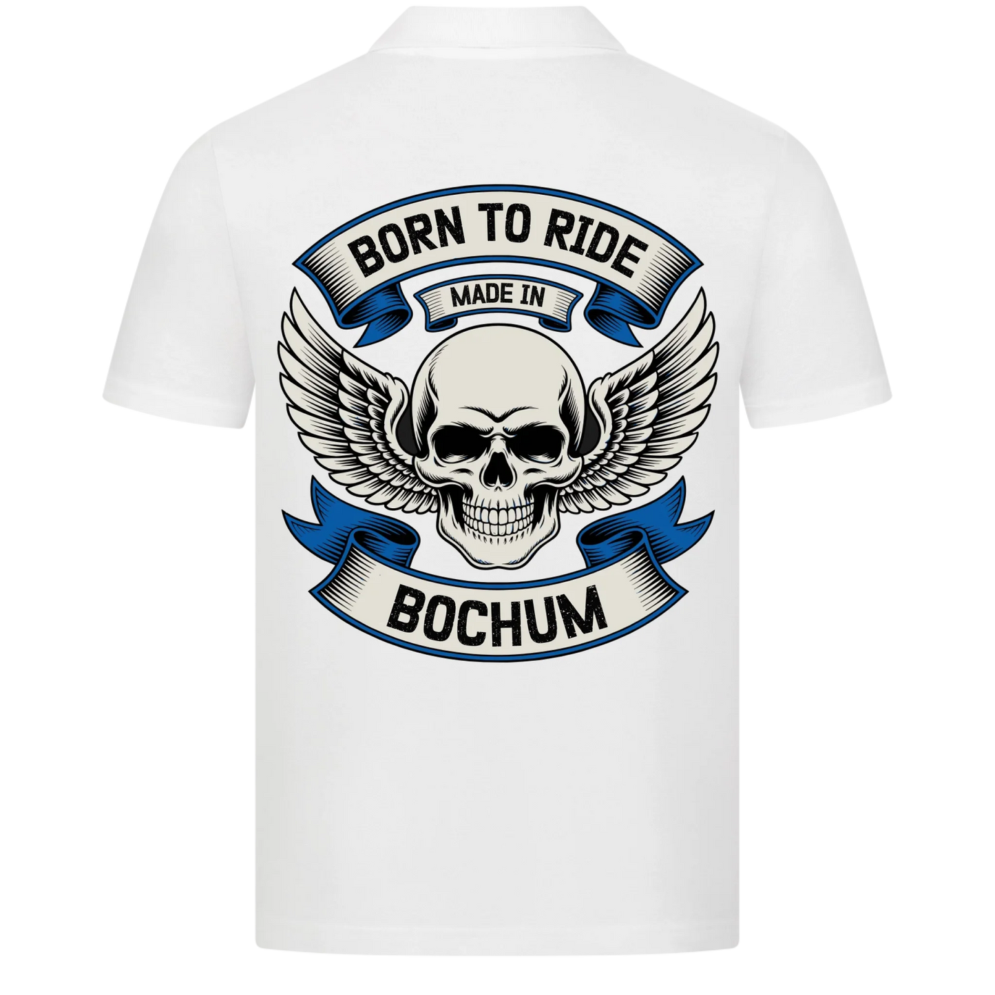 [Born to Ride] [made in] [Ort] – Personalisiertes Multicolor Biker Rücken Design Polo Shirt 29