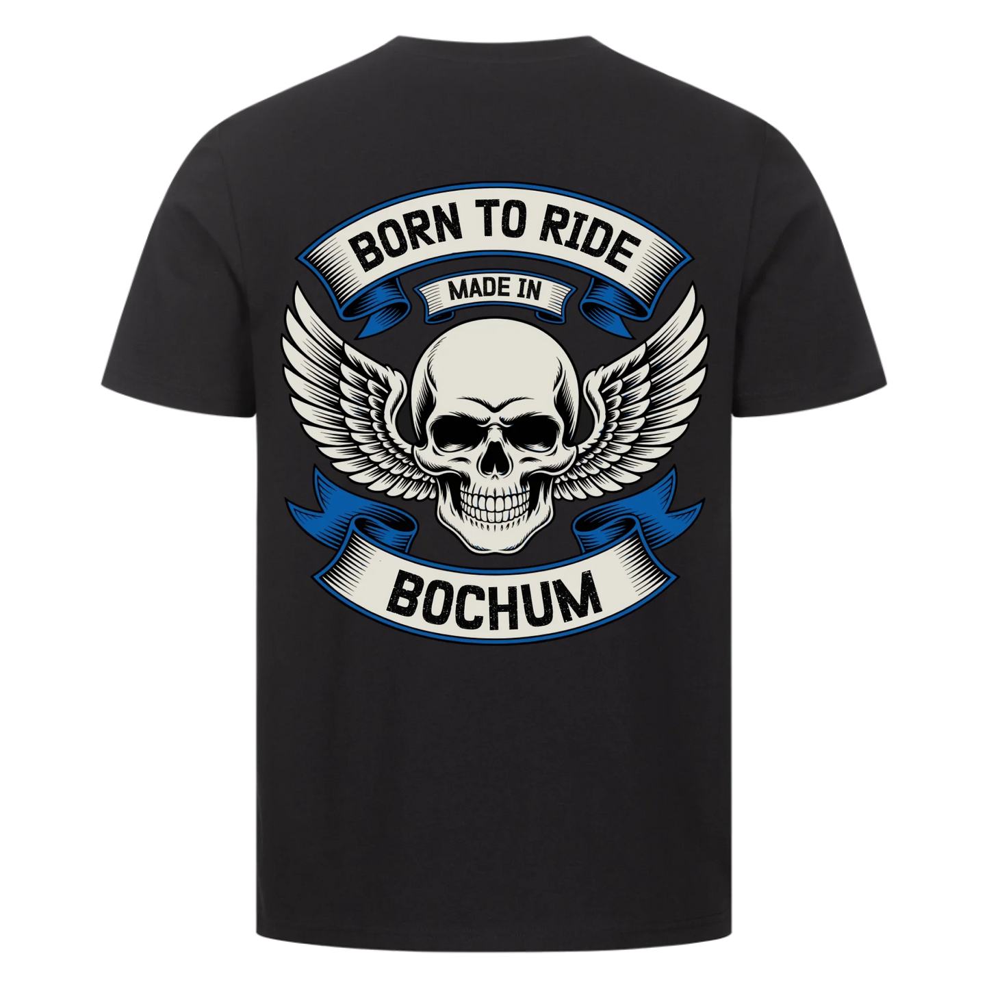 [Born to Ride] [made in] [Ort] – Personalisiertes Multicolor Biker Rücken Design Premium T-Shirt 29
