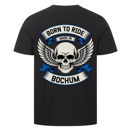 [Born to Ride] [made in] [Ort] – Personalisiertes Multicolor Biker Rücken Design Premium T-Shirt 29