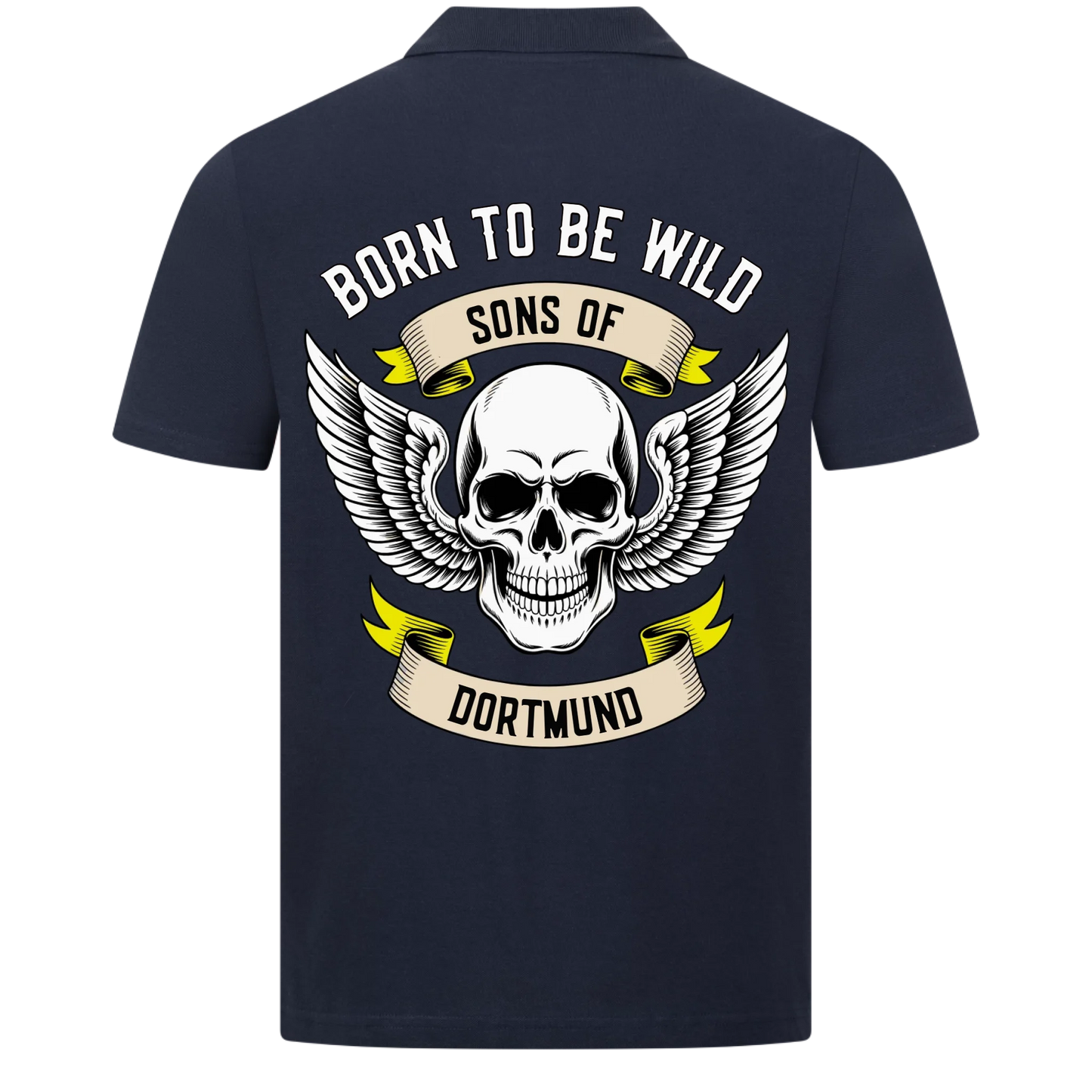[Born to be wild] [Sons of] [Ort] – Personalisiertes Multicolor Biker Rücken Design Polo Shirt 30