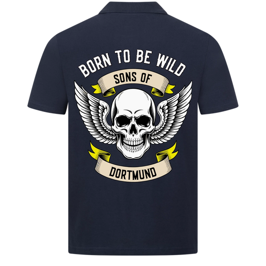 [Born to be wild] [Sons of] [Ort] – Personalisiertes Multicolor Biker Rücken Design Polo Shirt 30