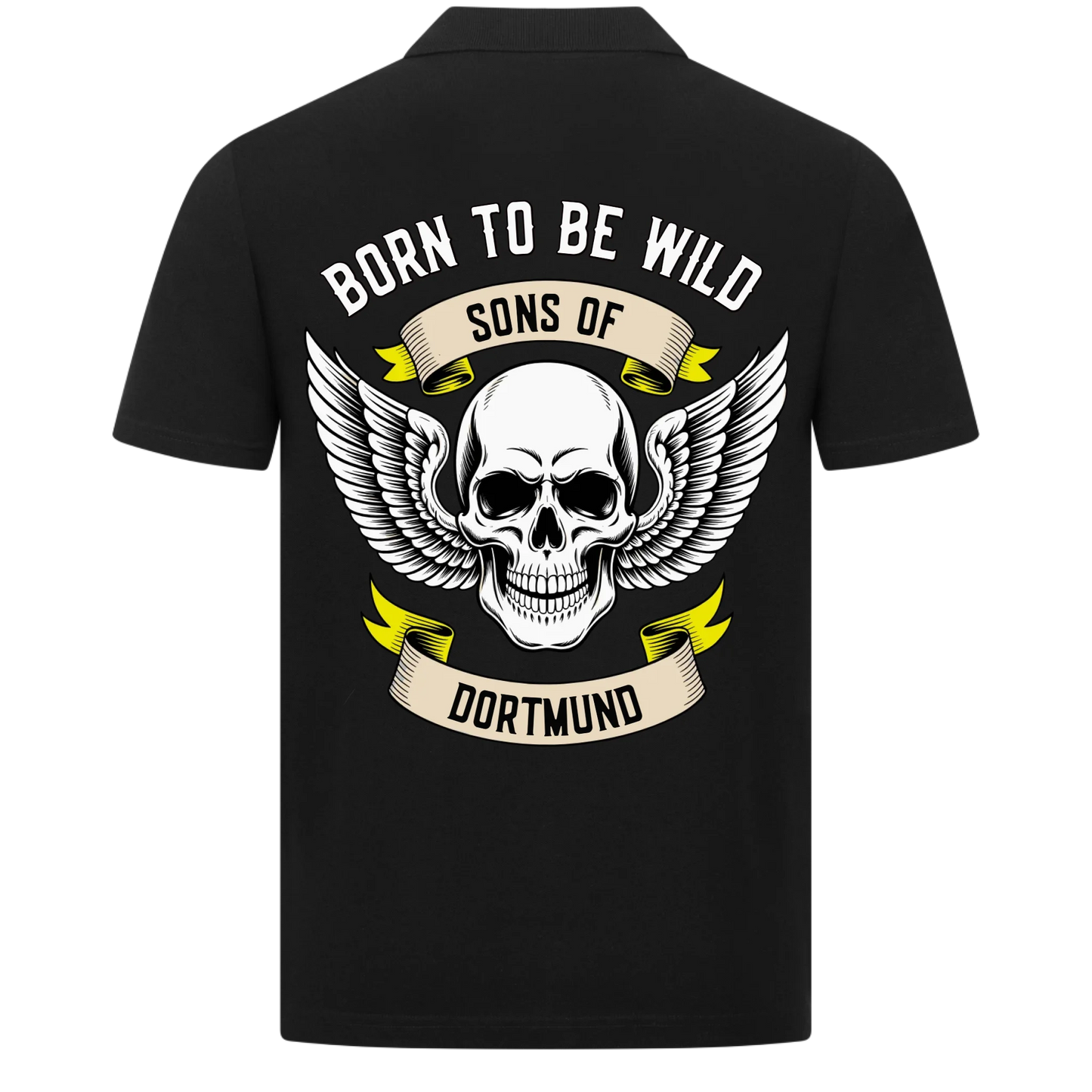 [Born to be wild] [Sons of] [Ort] – Personalisiertes Multicolor Biker Rücken Design Polo Shirt 30