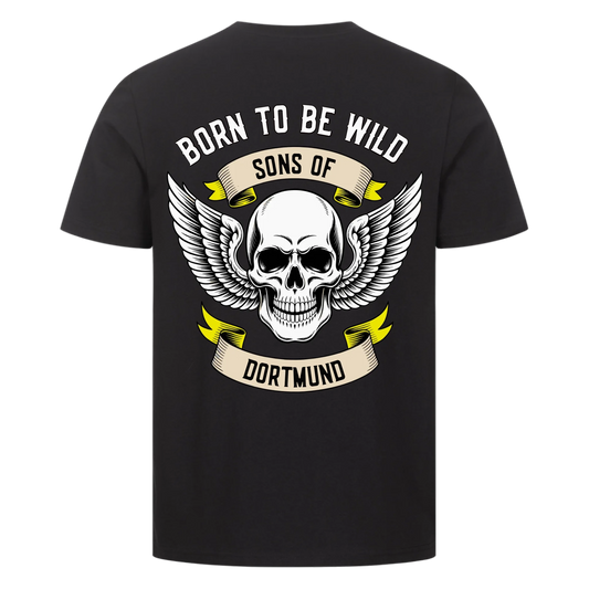 [Born to be wild] [Sons of] [Ort] – Personalisiertes Multicolor Biker Rücken Design Premium T-Shirt