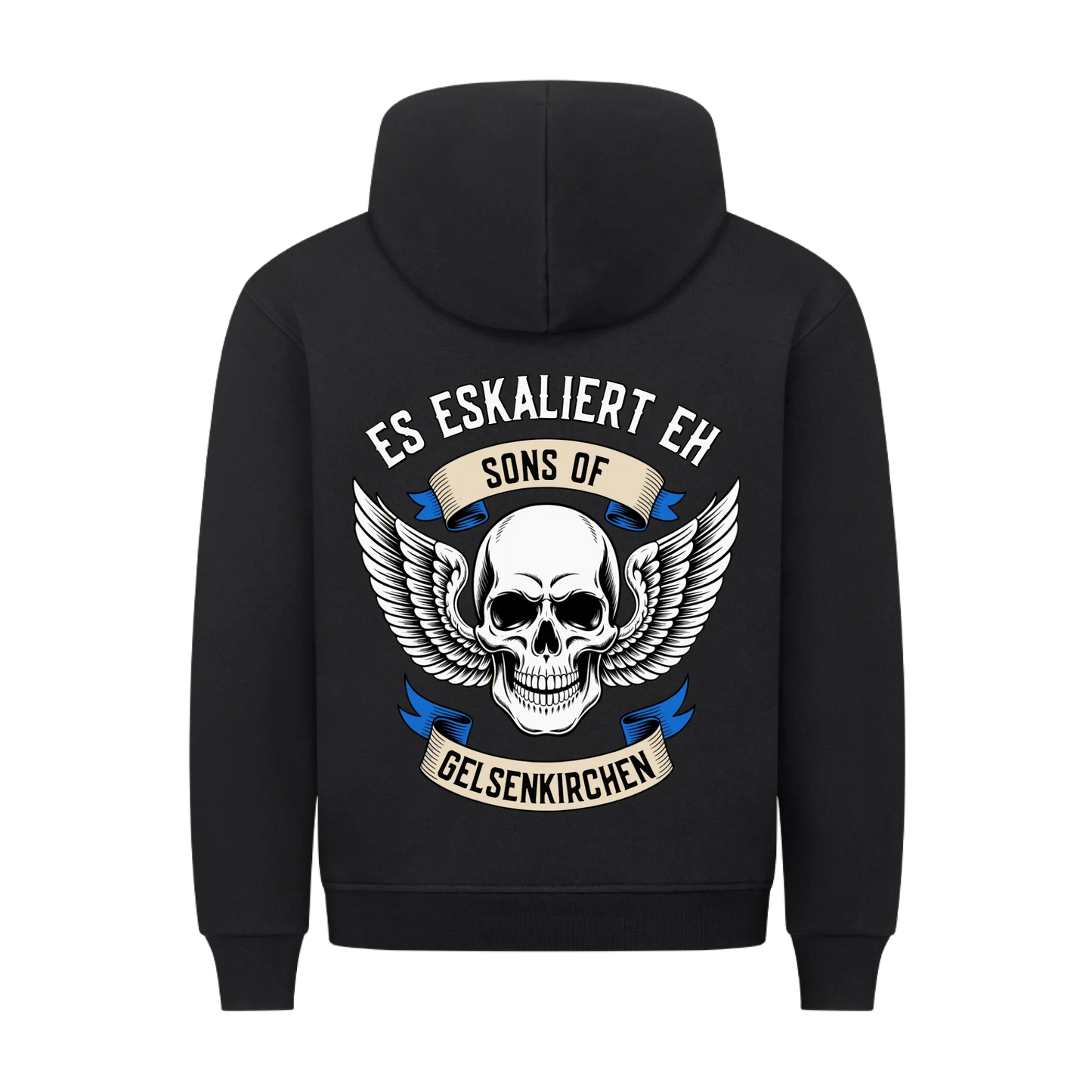 [Es eskaliert eh] [Sons of] [Ort] – Personalisiertes Multicolor Biker Rücken Design Premium Hoodie 30