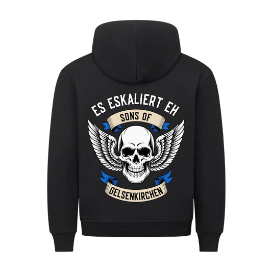 [Es eskaliert eh] [Sons of] [Ort] – Personalisiertes Multicolor Biker Rücken Design Premium Hoodie 30