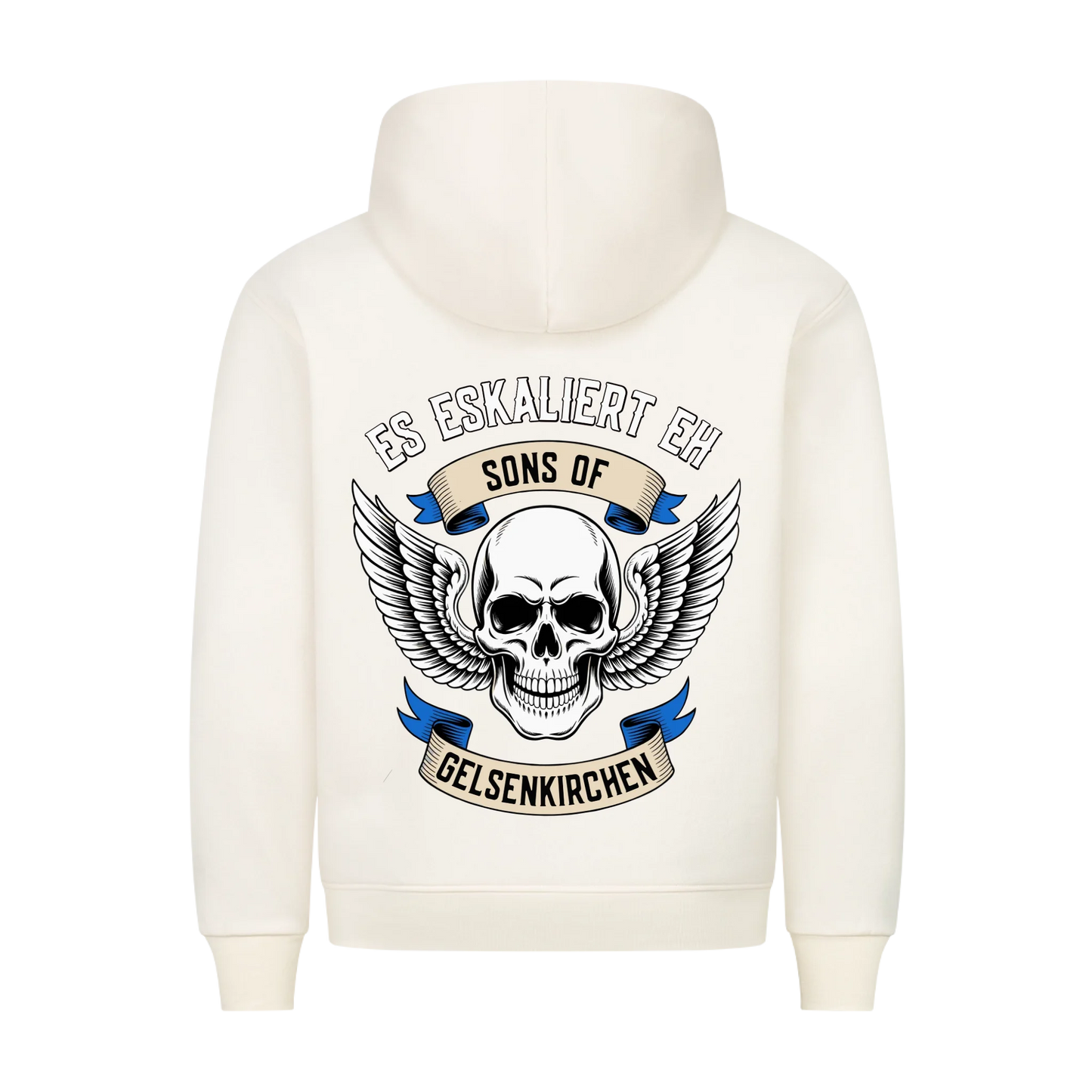 [Es eskaliert eh] [Sons of] [Ort] – Personalisiertes Multicolor Biker Rücken Design Premium Hoodie 30