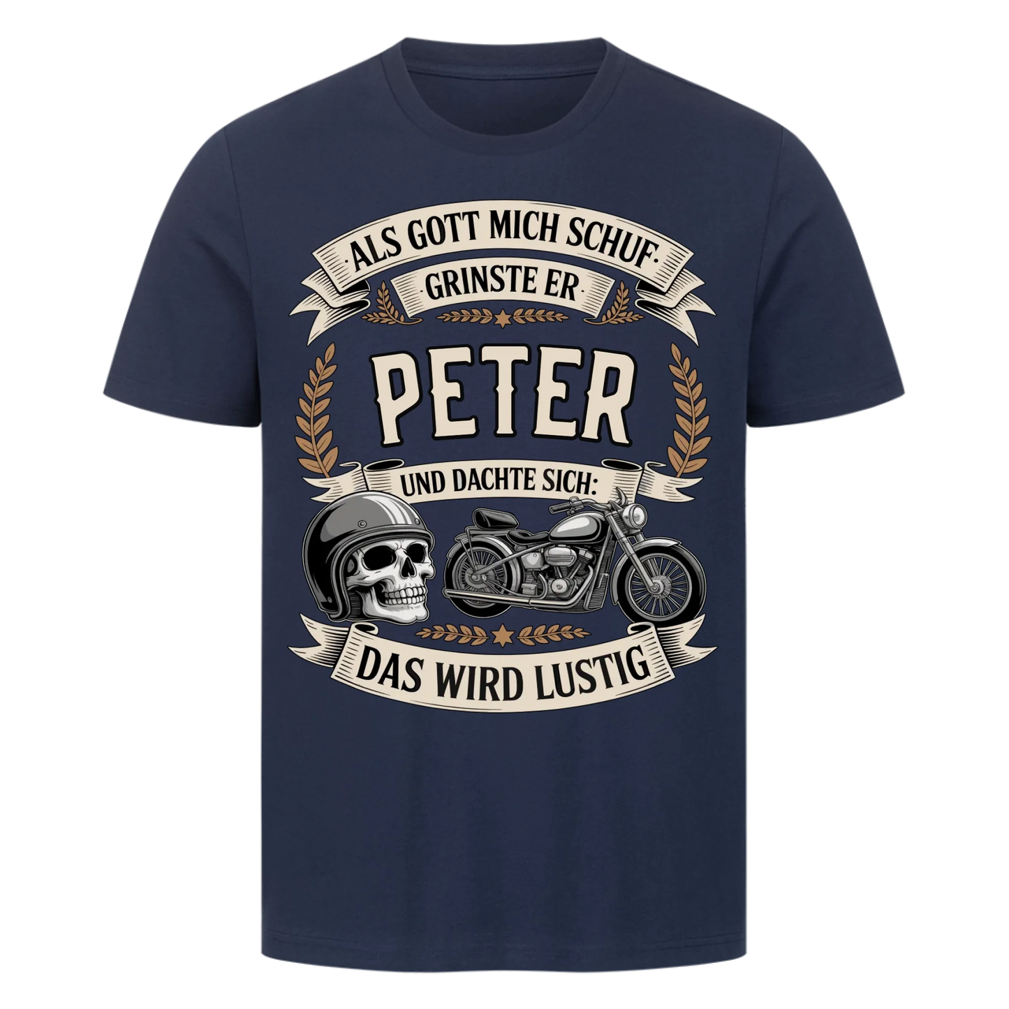 Als Gott mich schuf grinste er [Dein Name] und dachte sich das wird lustig personalisiert Frontdruck Premium T-Shirt