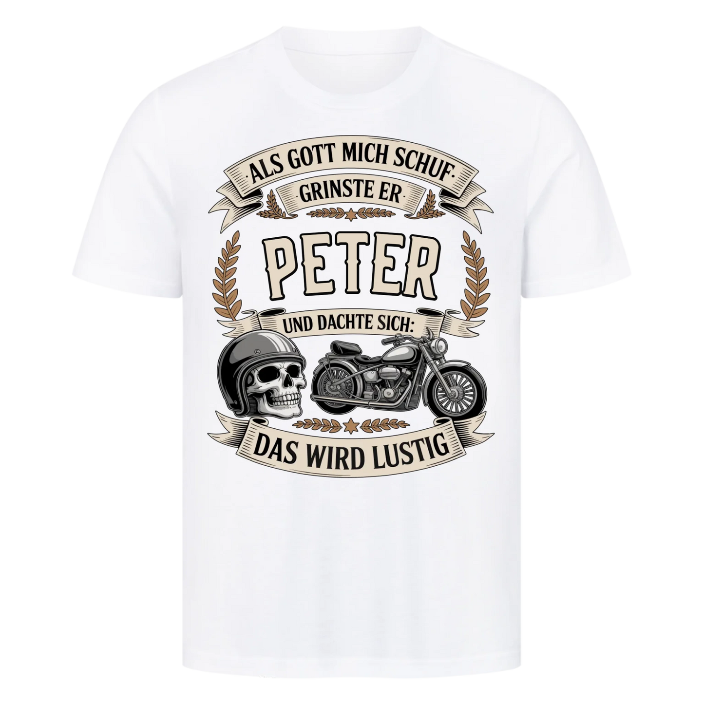 Als Gott mich schuf grinste er [Dein Name] und dachte sich das wird lustig personalisiert Frontdruck Premium T-Shirt