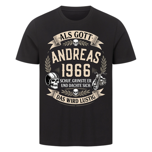 Als Gott [Dein Name] [Dein Jahr] schuf grinste er und dachte sich das wird lustig personalisiert Frontdruck Premium T-Shirt