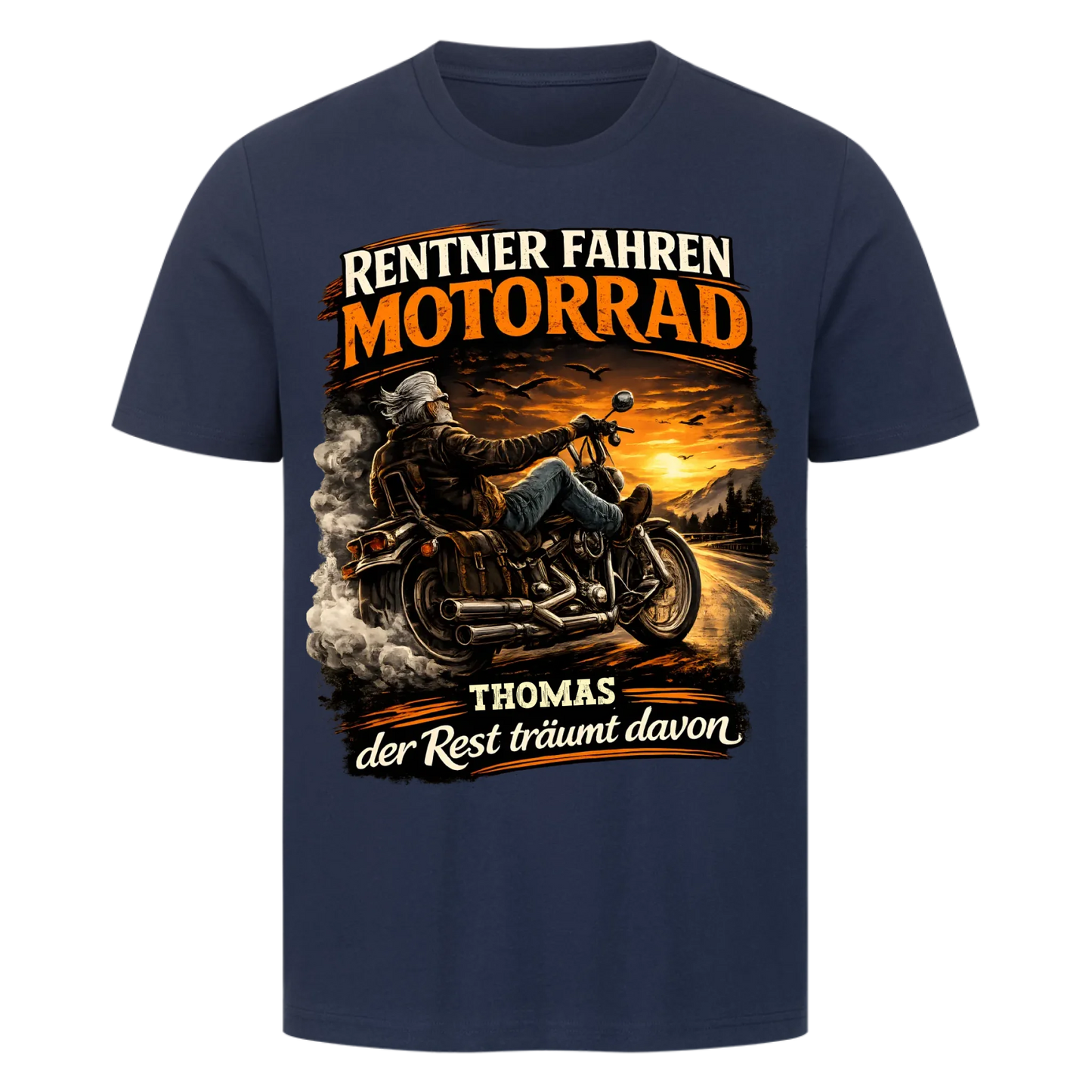 Rentner fahren Motorrad Sonnenuntergang personalisiertes Premium T-Shirt