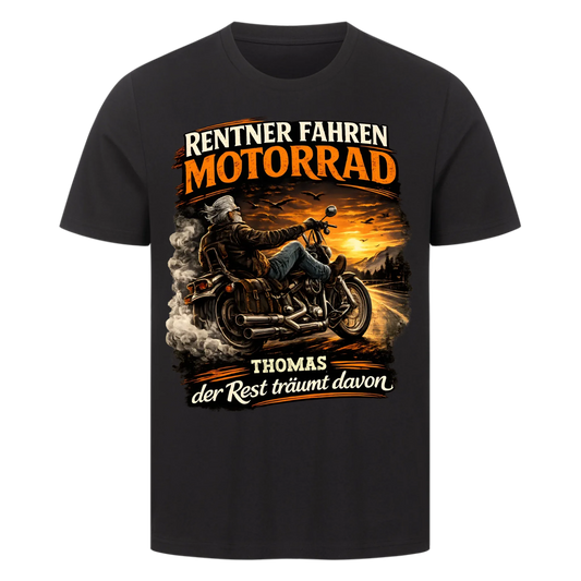 Rentner fahren Motorrad Sonnenuntergang personalisiertes Premium T-Shirt