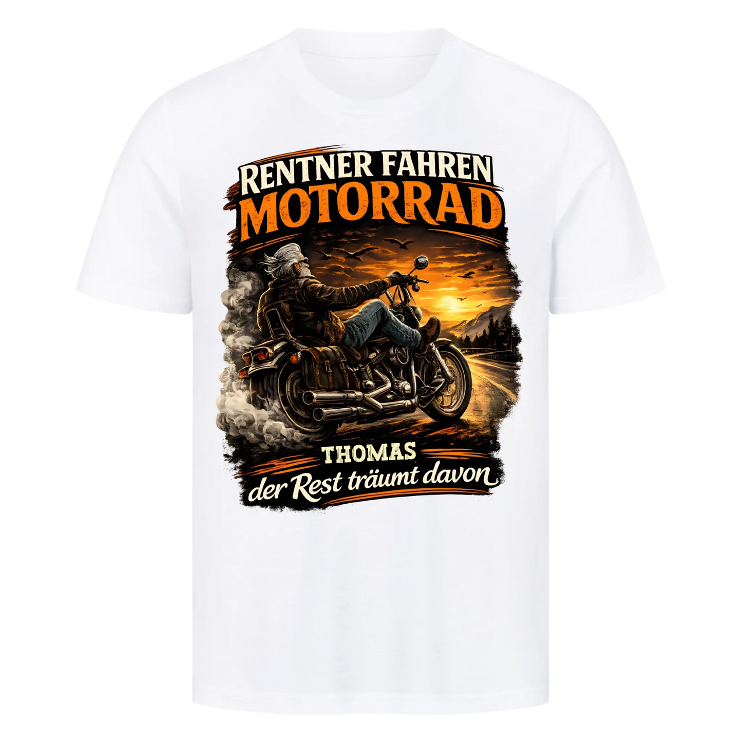 Rentner fahren Motorrad Sonnenuntergang personalisiertes Premium T-Shirt