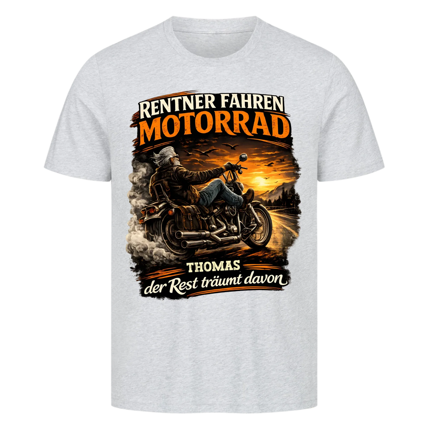 Rentner fahren Motorrad Sonnenuntergang personalisiertes Premium T-Shirt