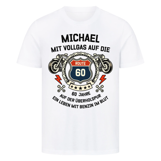Mit Vollgas auf die Route hell personalisiertes Premium T-Shirt