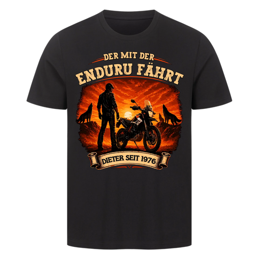 Der mit der Enduru fährt Sonnenuntergang personalisiertes Premium T-Shirt