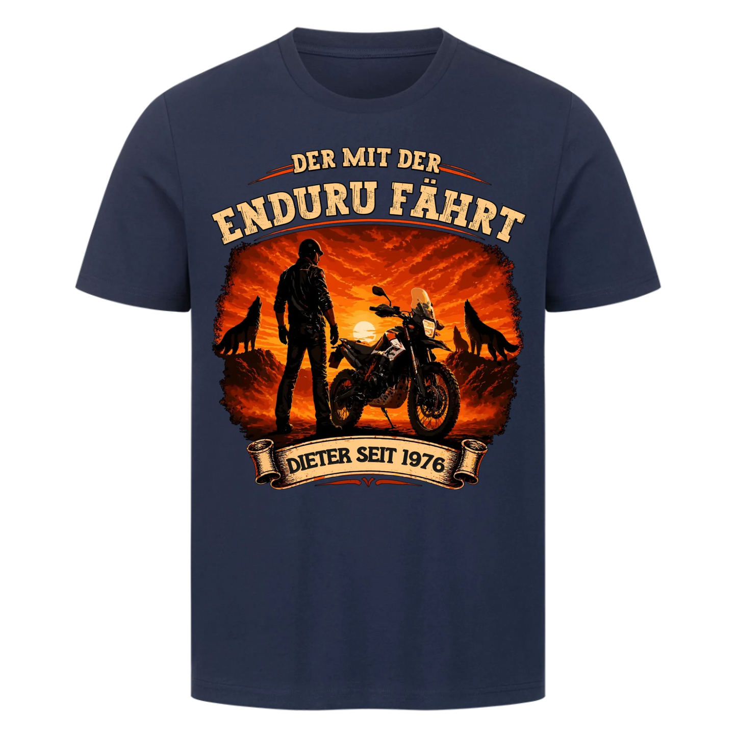 Der mit der Enduru fährt Sonnenuntergang personalisiertes Premium T-Shirt