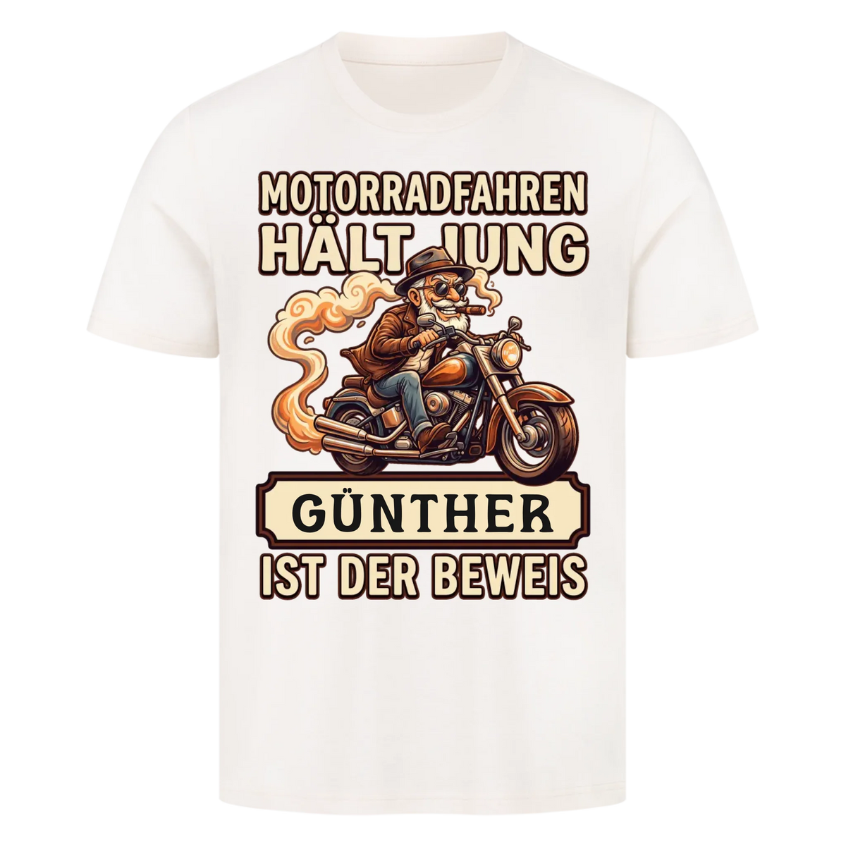 Motorradfahren hält jung – Personalisiertes Biker Premium T-Shirt mit Wunschname