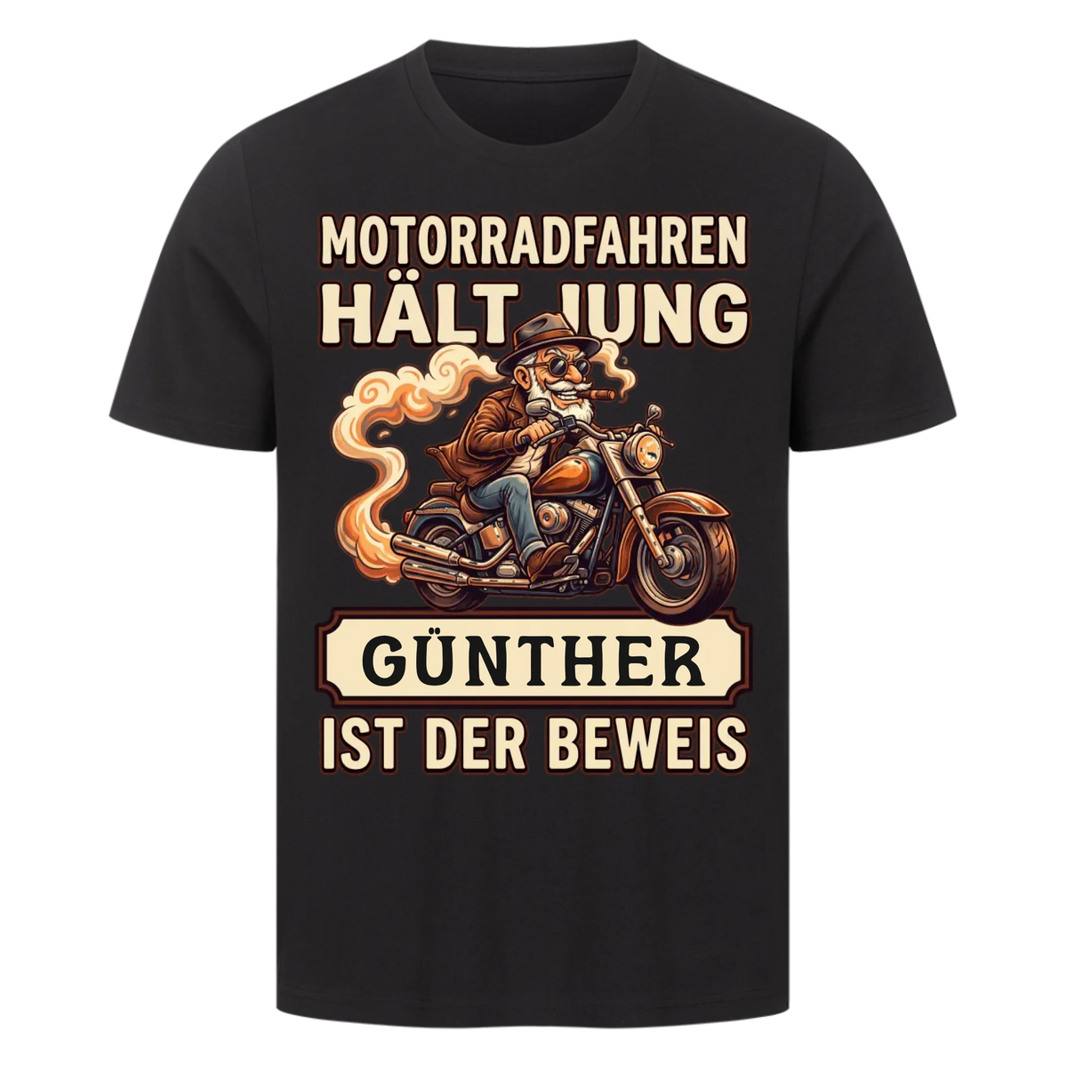 Motorradfahren hält jung – Personalisiertes Biker Premium T-Shirt mit Wunschname
