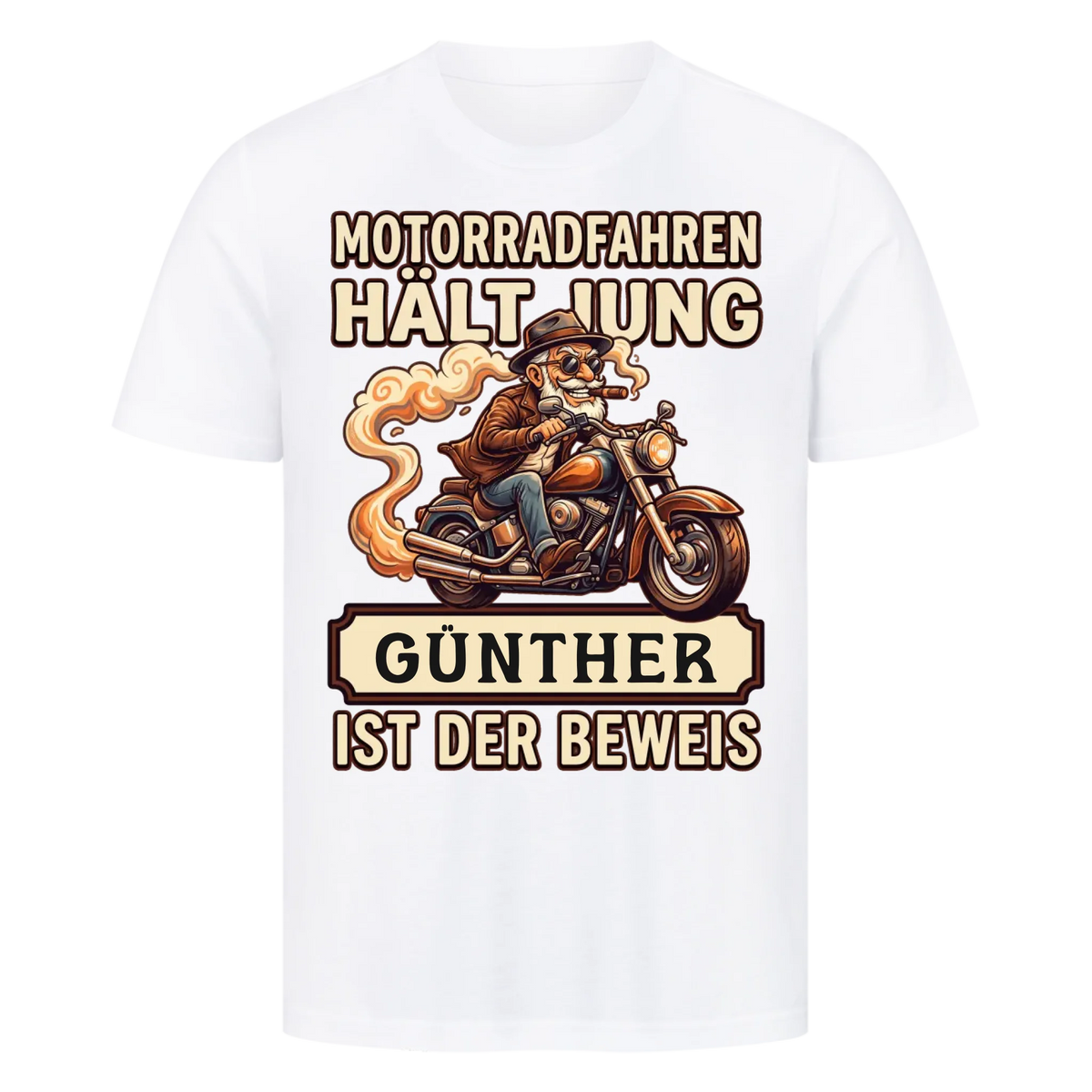 Motorradfahren hält jung – Personalisiertes Biker Premium T-Shirt mit Wunschname