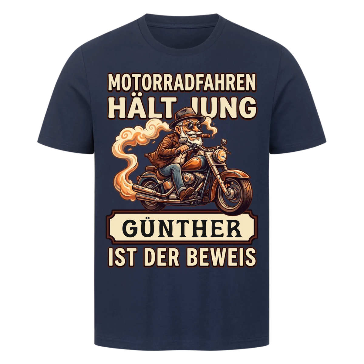 Motorradfahren hält jung – Personalisiertes Biker Premium T-Shirt mit Wunschname
