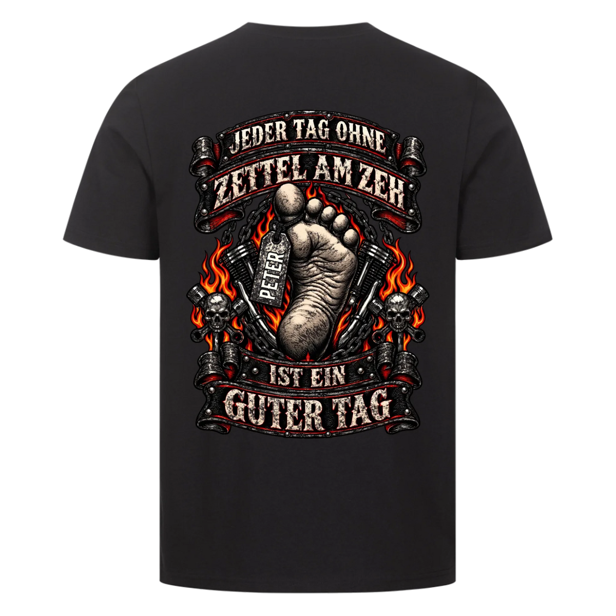 Jeder Tag ohne Zettel am Zeh Biker Flammen Name personalisiert Premium T-Shirt Rückendruck