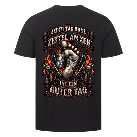 Jeder Tag ohne Zettel am Zeh Biker Flammen Name personalisiert Premium T-Shirt Rückendruck