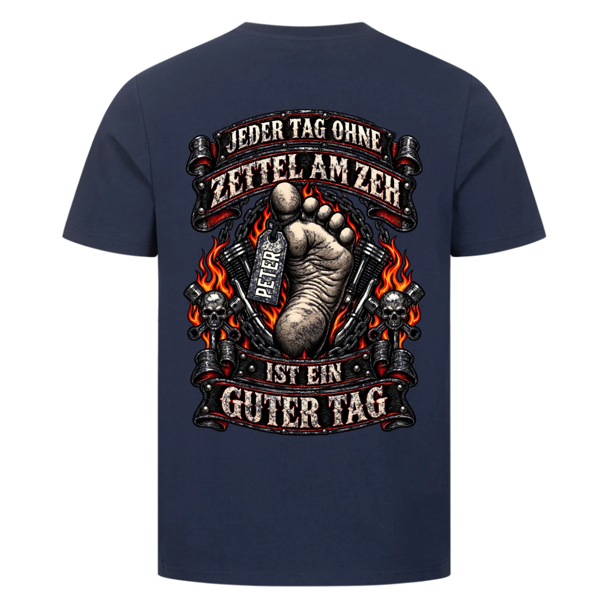 Jeder Tag ohne Zettel am Zeh Biker Flammen Name personalisiert Premium T-Shirt Rückendruck